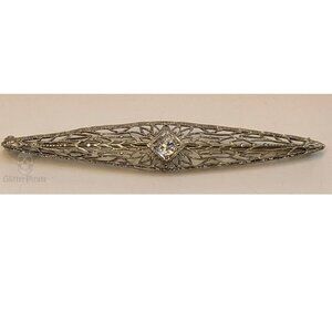 Antique 14k White Gold Filigree & 0.15ct Old European Diamond Bar Pin